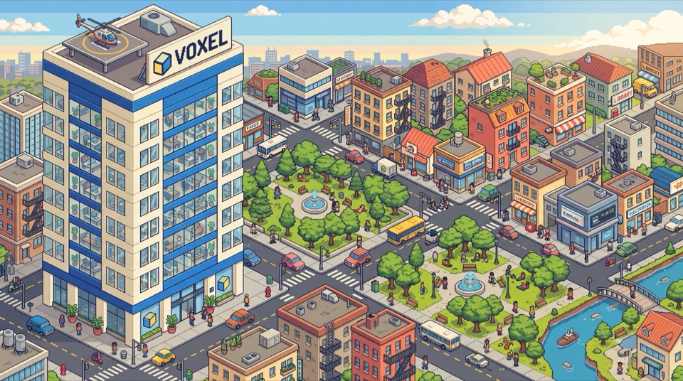 Ciudad de Voxel en pixel art, con el edificio de la empresa Voxel en primer plano